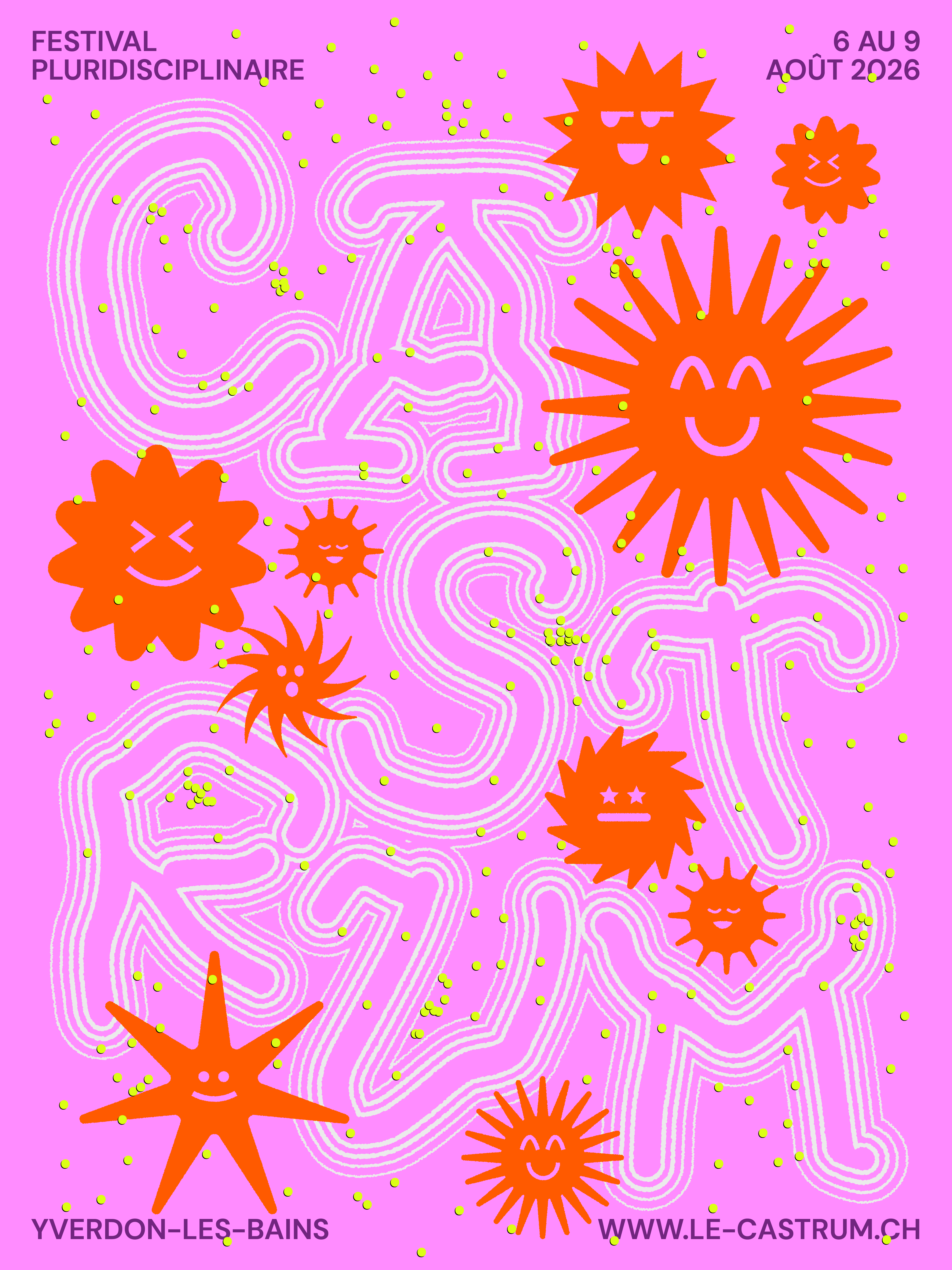 affiche du Castrum 2026, un fond rose avec des soleils oranges 